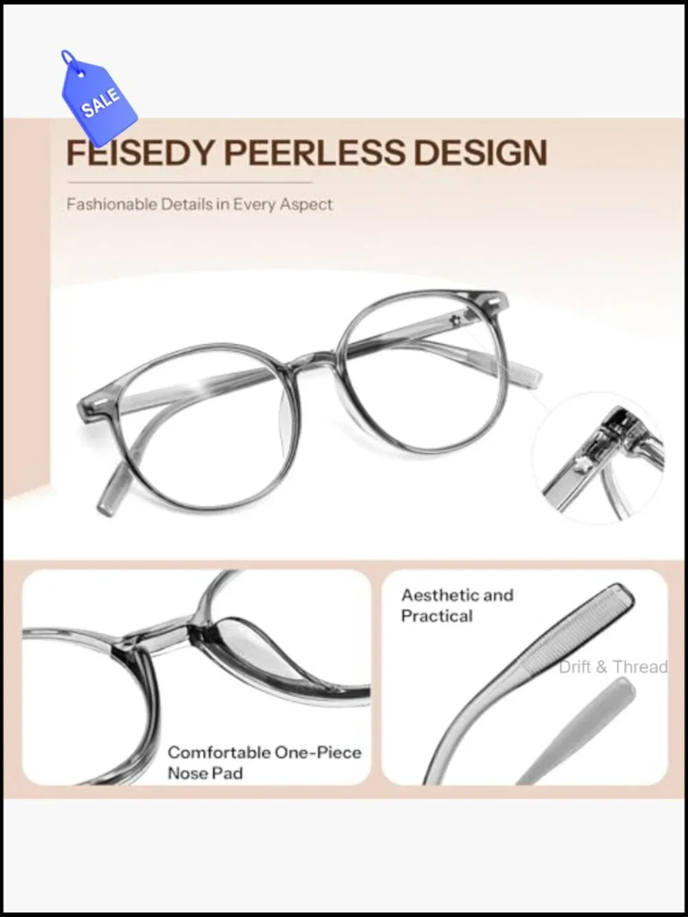 Photochromic Blue Light Blocking Glasses, Transition Lenses, Round Frame